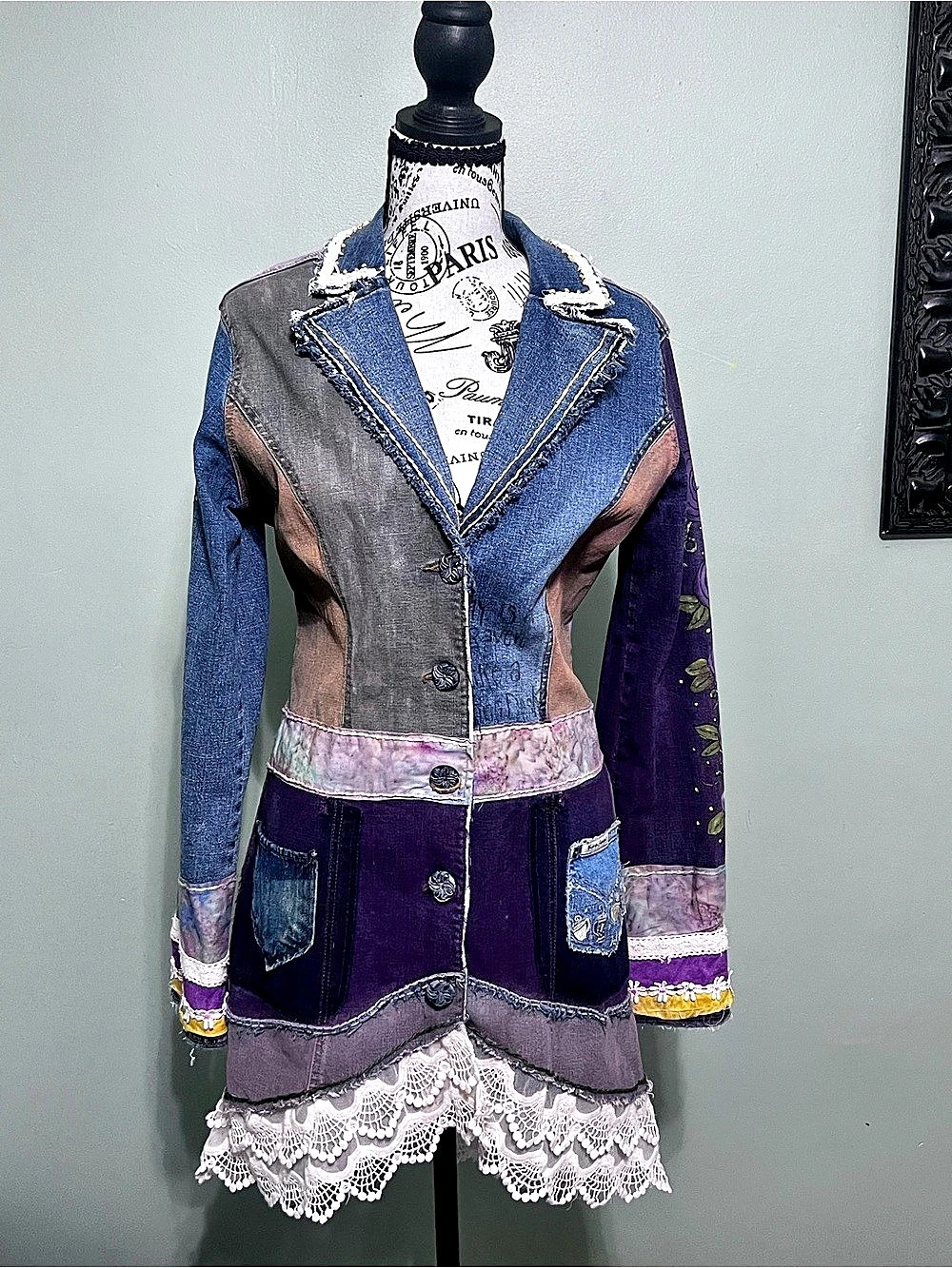 Hot Kiss Upcycled Mad Hatter Patchwork Denim Jacket in Purple & Blue